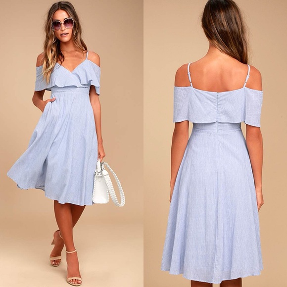 Lulus Dresses & Skirts - Lulus | Yacht Rock Blue and White Striped Off-the-Shoulder Midi Dress